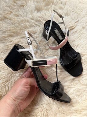 Prada White/Black Leather T-Strap Slingback Sandals - Size 38